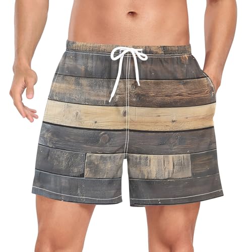 Mens Swim Trunks with Liner, Rustic Board Retro Texture Cool Quick Dry Beach Swim Shorts, Swimwear Bathing Suits S