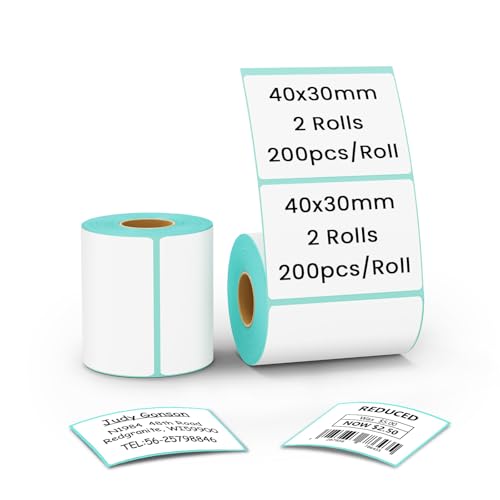 CLABEL 2 rollos de cinta de etiquetas blanca 40x30mm para impresora de etiquetas 220B 221B 230B 320B etiquetas térmicas autoadhesivas para máquina de etiquetado, 200 etiquetas/rollo (1,57'x1,18')