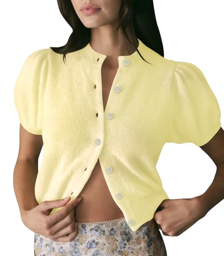 Image of Womens Puff Short Sleeve Cardigan Sweaters Cropped Button up Lightweight Y2k Knit Summer Cardigans