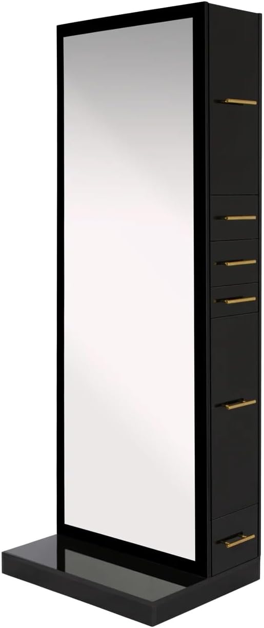 Buy-Rite Modena Single-Sided Styling Station for Salons & Barbershops – Gloss Black Finish with Full-Length Mirror, Storage Cabinets, Drawers & Slide-Out Tool Holder – Model NIN-MS-01