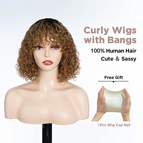 Fashion Idol Short Curly Human-Hair Wigs with Bangs 12 Inch Jerry Curl Bob Wigs Human Hair Brazilian Virgin Human Hair None Lace Front Wigs for Black Women Machine Made Ombre Gold Wigs - Image 3