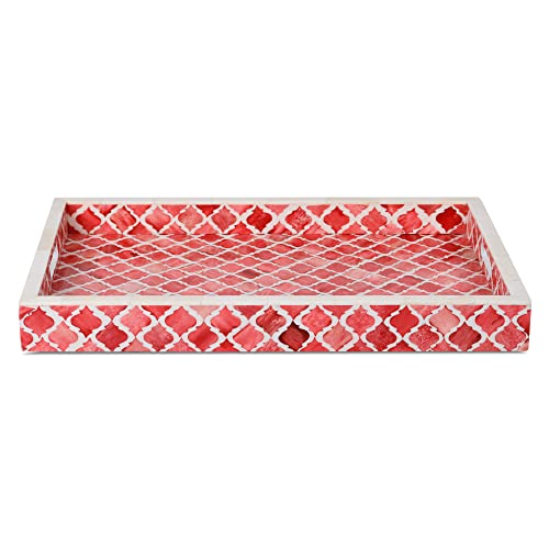 Handicrafts Home Moorish Moroccan Pattern Inspired Trays Ideal Ottoman Tray Multipurpose Bone Inlay Serving Tray Or Simply Use As A Decorative Trays 11X17 Inches, Red White #TOP5