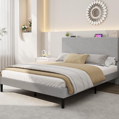 Image of GarveeLife Corduroy Upholstered Platform Bed Frame with USB Charging Station, Adjustable Storage Headboard, Wooden Slat Support, No Box Spring Needed, Easy Assembly, Queen Light Gray