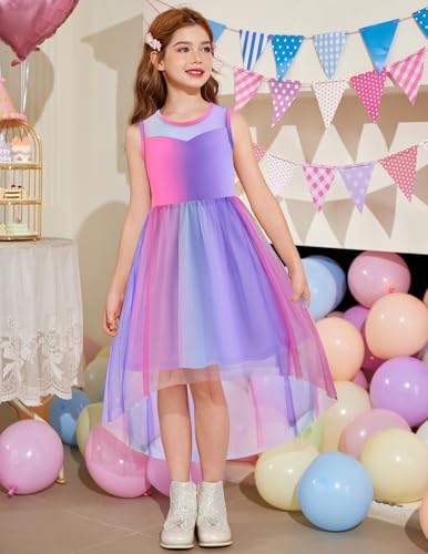 Image of Arshiner Girls Dresses Formal Party Wedding Tulle Sleeveless Contrast Mesh High Low Dress with Belt
