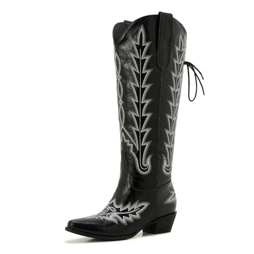 Uillnoodu Black Wide Calf Cowboy Boots Women Knee High Tall