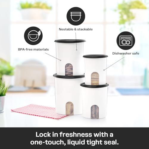 Image of Tupperware One Touch Reminder Canisters 4 Canister Food Storage Set in White & Black, Dishwasher Safe and BPA Free, (4 Containers, 4 Lids)