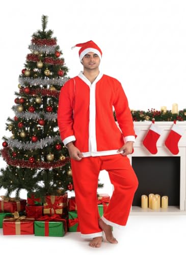 Image of PoPo Toys Santa Claus Costume for Christmas Adults Extra Large | Can Fit Any Individual | Red Santa Suit with Coat, Pant, Hat & Bag | Xmas Party & Fancy Dress Outfit Size 8 /XL