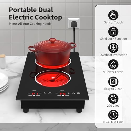 VBGK Electric Cooktop,12 Inch Built-in Radiant Electric Stove Top,110V 2100W 2 burner cooktop With 9 Heating Level, Timer & Kid Safety Lock, Sensor Touch Control 2 burner Induction Cooktop