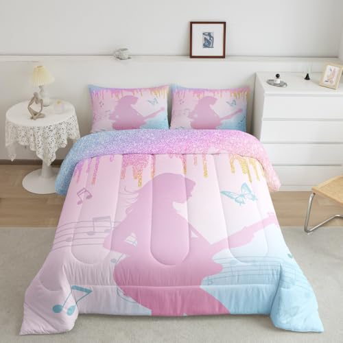 jejeloiu Girls Singer Comforter Set Pink Music Guitar Bedding Set Full Size Glitter Fashion Women Comforter Room Decor Lightweight Bed Set with 1 Comforter 2 Pillow Case Quilt Set