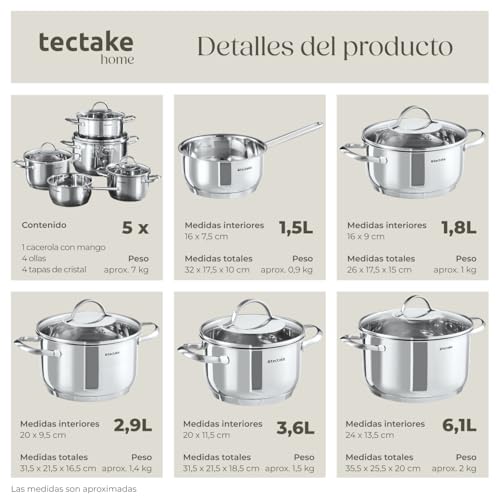 tectake® Juego de 4 Ollas con Tapa, 9 Piezas en Acero Inoxidable, Apto para Inducción, Escala de Medición, Asas Resistentes al Calor, Tapa de Cristal con Salida de Vapor, Ideal Cocinas y Camping - - imagen 6