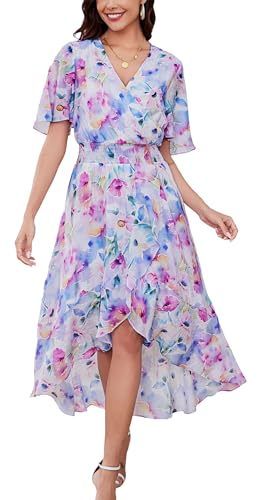 Image of Kormei Womens Short Sleeve Floral Maxi Dress High Low V-Neck Flowy Party Long Dresses