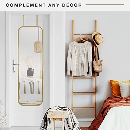 Image of MCS 17x55 Brass Metal Over The Door Mirror With Rounded Corners, Full Length Hanging Mirror for Bedroom and Bathroom Doors, No Tools Required