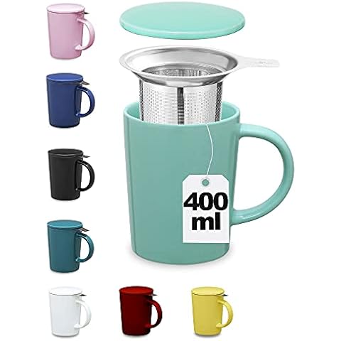 Cosumy Tea cup with strainer and lid, ceramic turquoise, keeps warm for a long time, 400 ml, dishwasher-safe Cover