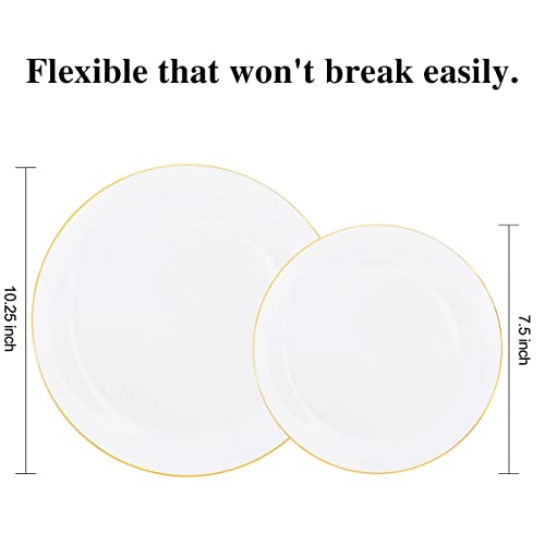 KIRE 100PCS Disposable Plates - White with Gold Rim for Thanksgiving Party/Wedding - Includes 50Pieces 10.25inch Dinner and 50Pieces 7.5inch Dessert/Salad Plates