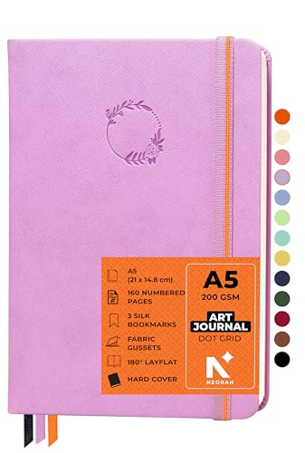 NEORAH – A5 – ART JOURNAL | 200 Gsm Dotgrid Notebook | 160 Pages( 21.0 x 14.8 cm) | Lay Flat | Hard Cover Bullet - Journal | 3 Bookmarks | Elastic Closure | Inner Back Pocket | Ideal – Bujo,Drawing & Painting , Notes,Art,Planning,Sketchbook,Junk Journal, Artist Notebook (Lavender)