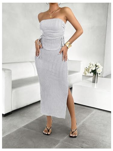 MakeMeChic Women's 2 Piece Outfits Striped Print Tie Side Bandeau Tops and Bodyon Midi Skirt Set3