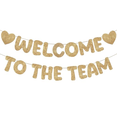 Fulmoon Pre Strung Welcome to The Team Banner with Two Heart Signs, NO DIY, Glitter Welcome Party Supplies for New Employee, Coworker, Colleague, Staff, Team Member Office Decorations(Champagne Gold)