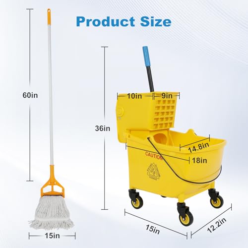 GCCSJ Commercial Mop Bucket with Drainage, 35Qt,Yellow Including One Commercial Mop and Extra Mop Cloth - Thumbnail 2