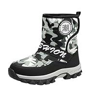 Boys Camouflage Snow Boots Winter Thermal Mid Calf Fleece Lined Shoes Waterproof Anti-Slip Padded Warm Hiking Walking Boots Outdoor Sports Trainers (Black, 12 Little Child)