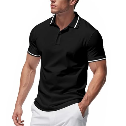 Men's Sports Polo Shirts Short Sleeve Lapel Button Running Tops Summer Casual Loose Breathable Fashion Workout Blouses Black