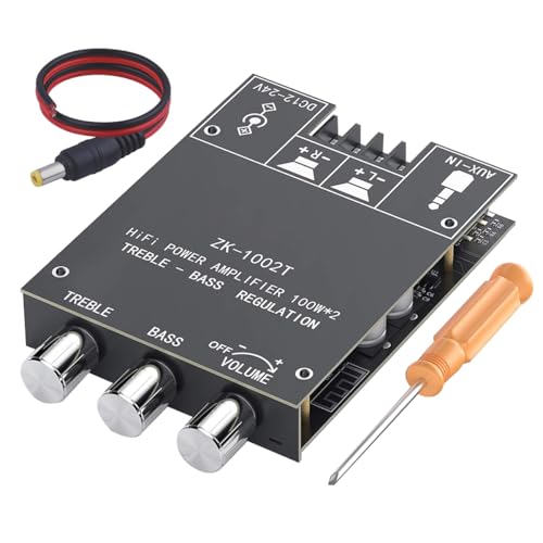 ZK-1002T 200W Bluetooth Amplifier Board 2.0 CH Audio Amp with Treble and Bass Control HiFi Power Amp Board BT and AUX Input DC 9-24V Stereo Amplifier Module for DIY Speaker with Power Cable