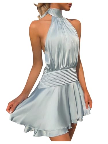 Floerns Women's Elegant Satin Halter Mini Dress Ruched Tie Backless Tiered Ruffle Hem Party Dresses Blue Small