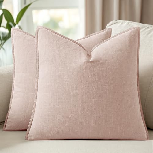 Image of Decorative Linen Solid Throw Pillow Covers Boho Accent Farmhouse Pillows Modern Valentines Home Decor for Couch Sofa Living Room Bed 20x20 Inch Set of 2,Light Pink