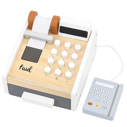 Personalizable Caja registradora de Madera – con Botones y Accesorios, fomenta el Juego de rol y el cálculo – para niños a Partir de 3 años – Personalizada con Nombre – Tryco