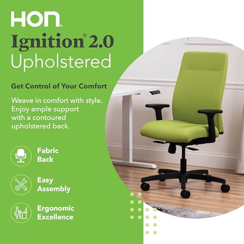 Image of HON Ignition 2.0 Ergonomic Office Chair with Adjustable Arms, Standard Synchro‑Tilt Recline, Upholstered Desk and Computer Chair for Home Office or Workstation, Black Frame, Pear
