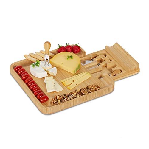 Relaxdays Plateau Fromage avec Lot de Couteaux, HxLxP: 4 x 33 x 33 cm, Planche Bambou avec tiroir, 4 Couverts, Nature