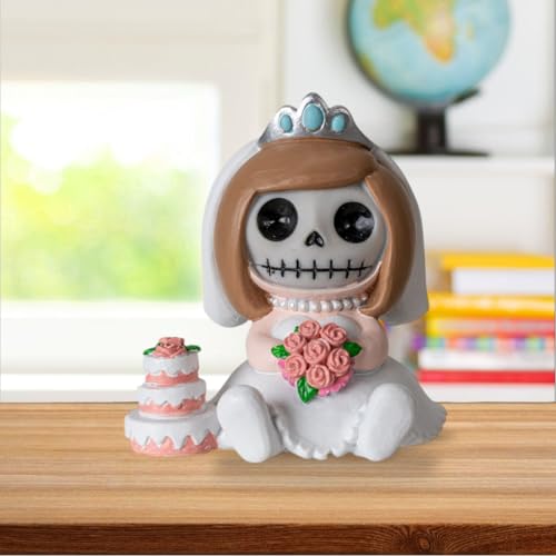 Pacific Giftware Mrs. Furrybones Collectible Figurine Signature Skeleton Bride in Wedding Dress Holding Bouquet with Cake Home Decor and Unique Gift 3.15" Tall
