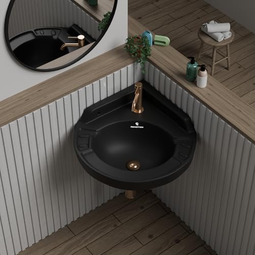 Image of REMOTION Ceramic Wall Hung Corner Wash Basin for Bathroom | Wall Mounted Corner Sink | Space-Saving, Durable & Stylish Design (17 x 15 x 7.5 Inch) (Black)