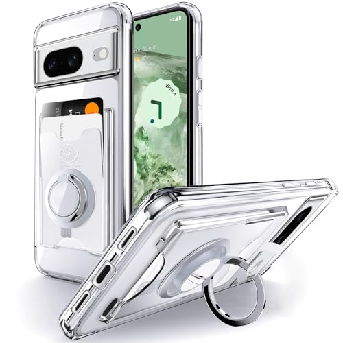 Shields Up for Pixel 8 Case Minimalist Wallet Case with Card Holder [3 Cards] and Ring Kickstand/Stand [Drop Protection] Slim Protective Cover for Pixel 8 - Clear