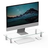 VonHaus Glass Monitor Stand for Desks, Height Adjustable Screen Riser, 58x21cm Tempered Glass Monitor Stand w/Aluminium Legs, 20Kg Capacity