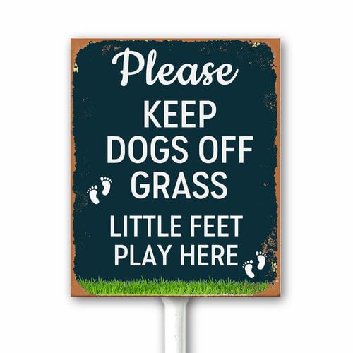 18x22 CM Vintage Keep Dogs Off Grass Little Feet Play Here Aluminum Sign, Kid Play Zone Child Area Keep Out, Please Curb Your Dog, No Dogs Allowed Lawn Garden Metal Sign With Stake