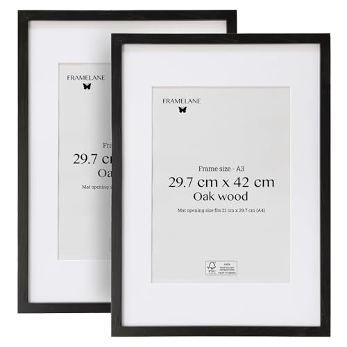 Framelane Set de 2 Marco Fotos Marco A3 en Roble Negro FSC con Vidrio Acrílico Antirrayas y Antirroturas - Passepartout - Montaje Vertical u Horizontal para Decoración Moderna