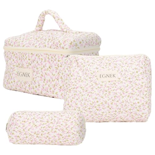 egnek 3 Piece Quilted Makeup Bag with Cute Ditsy Floral for Travel, Toiletry Pouch, and Cute Cosmetic Bags, Compact Design and Stylish