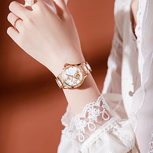 Olevs Watches For Women Self Winding Automatic Big Face Ladies Wrist Watch Mechanical Two Tone Stainless Steel Ceramic Bracelet Diamond Luxury Rose Gold Luminous Waterproof Women Watch-White #TOP3