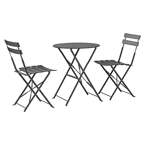 2 Seater Grey Round Bistro Garden Table and Chairs Set - 2 Chairs and 1 Table 3 Piece Folding Table...