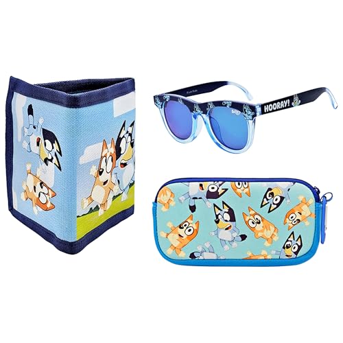 BLUEY Style Pacote com 3 | Carteira, óculos de sol e estojo com Bluey e Bingo | Conjunto de presente oficialmente licenciado para fãs para crianças