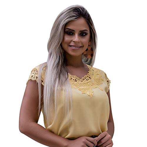 Blusa Feminina Manga Curta Social Festa Moda Evangelica (G/42, Amarelo)
