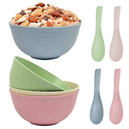 4Pcs Bols à Céréales Incassable lavable au Lave-Vaisselle et au Micro-Ondes, 700ml Bol de Pique-Nique Léger en Plastique, Saladier à Petit-Déjeuner de Grande Capacité avec 4 Cuillères pour Snack