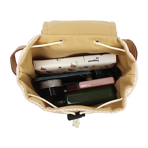 Women Small Tassels Straw Woven Backpack Flap Drawstring Bucket Bag4