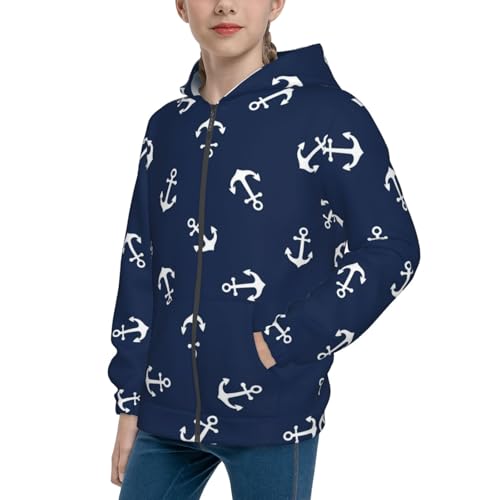 Nautical Themed Simple Anchors Kids Pullover Hoodies Boys Zip Up Sweatshirts Girls Athletic Clothes with Pocket