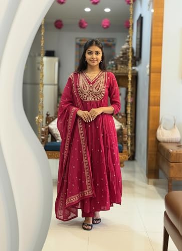 Image of ANNI Designer Women's Rayon Viscose Printed Embroidered Anarkali Kurta with Pant & Dupatta | Ethnic Kurti Set with Embroidery | Soft Comfortable Fabric | Stylish Outfit for Festive, Office
