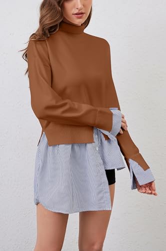 Image of Women Turtleneck Long Sleeve Sweater Patchwork Button Down Striped High Low Hem Shirt Vinatge Pullover Top Brown