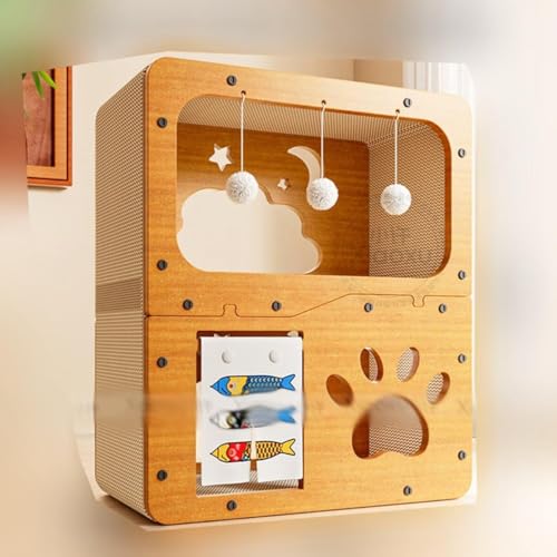 Fabig猫用爪研ぎハウス & ベッド 二階建て 組み立て式 高密度段ボール 収納簡単 ストレス解消 通気性 軽量小型 室内用ケージ ダンボール製 猫のおやすみ処 & 猫小屋 スクラッチャー付きK12