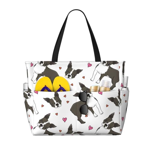 Waterproof Sandproof Beach Bag Cute Boston Terrier Dog Hearts Swim Large Tote Pool Bag For Women With Zipper