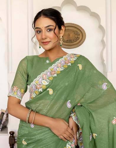 Image of SIRIL Women's Shimmer Chiffon Sequence Embroidery Saree With Unstitched Blouse Piece for Wedding and Parties