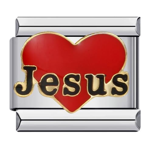 Abalorio de plata italiana de acero inoxidable con texto en inglés 'I Love Jesus Heart Fait' compatible con pulseras Nomination de 9 mm